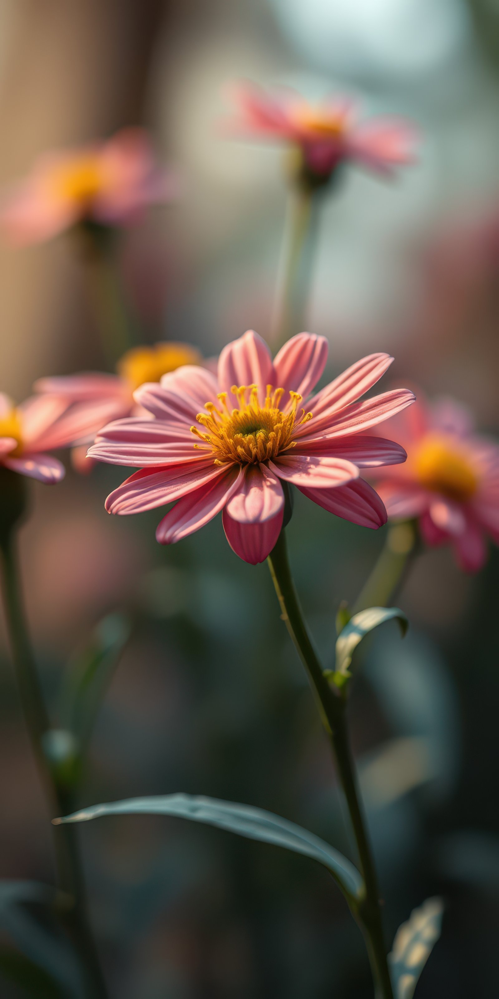 Colorful pink flowers bloom in a vibrant garden during golden hour, showcasing nature's beauty and tranquility
